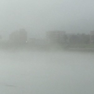 今朝の大淀川河口周辺は濃い霧の中に・・・