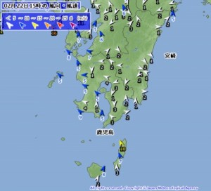 2/22 15時 アメダス 風向・風速　気象庁ＨＰより