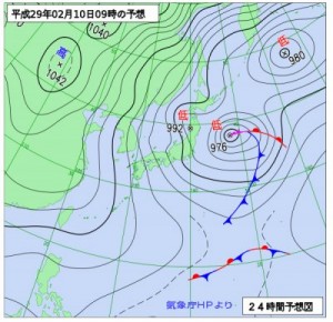2/10　9時の予想天気図。強い冬型の気圧配置です。