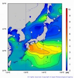 日向灘の沖合には５ｍ超の高波エリア